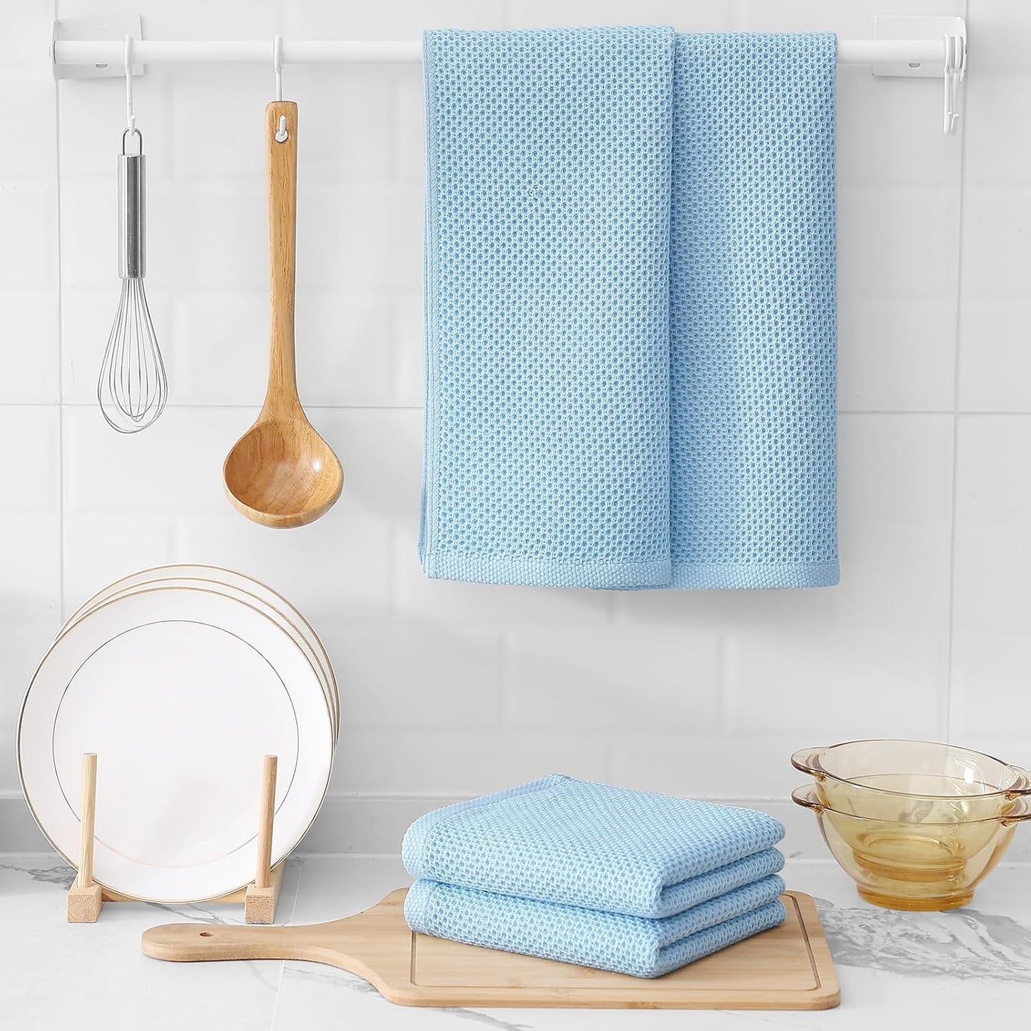Kitinjoy 100% Cotton Waffle Weave Kitchen Towels (13 X 28 Inches, Sky Blue), 6-Pack Super Soft and Absorbent Dish Towels for Drying Dishes, Kitchen Hand Towels