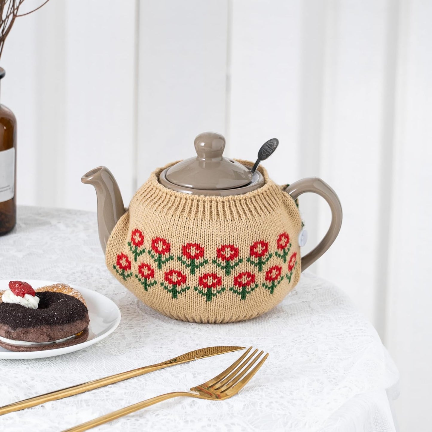 Tea Cozy Suitable for a 600ml,20oz Tea Pot,Teapot Warmer -100% Acrylic Fibers Filling,Two Piece (Toffee Flower)