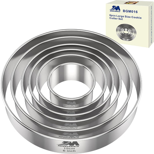 M JNGMEI 6 Pieces Stainless Steel Cookie Cutter Set 2'', 3'',3.5'', 4'',5''and6'' Biscuit Plain Edge Round Cutters large Sizes Shape Molds Ranging from 2-6 Inches GIFT PACKAGE
