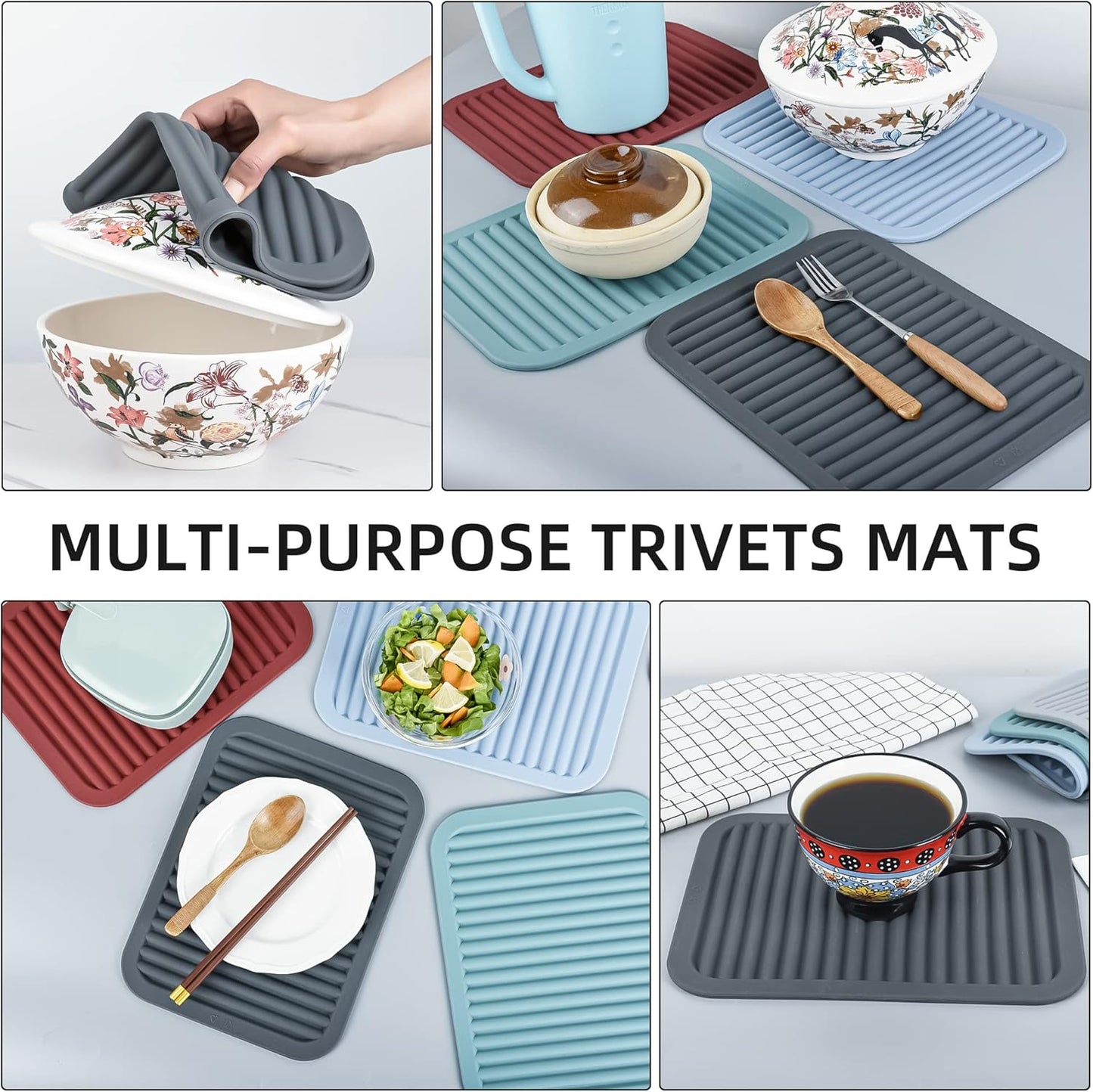 Trivets for Hot Pots and Pans, Large Black Silicone Trivets, Multi-Purpose Silicone Mat for Countertops, Heat Resistant, Set of 2
