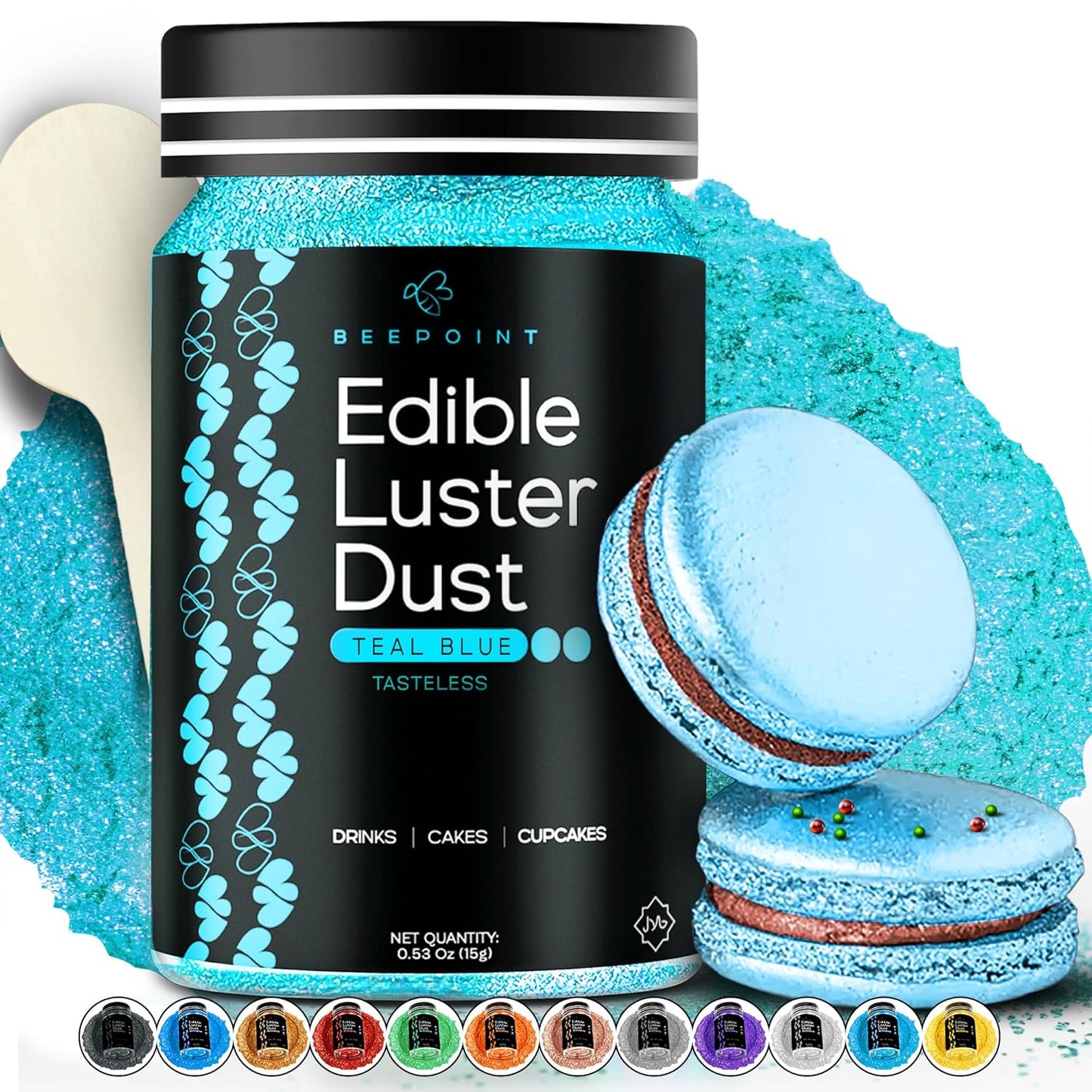 BeePoint Teal Blue Edible Luster Dust 15g - Food Grade, Vibrant Color Shimmer Powdered Dust for Drinks, Cocktails, Cake Decorating, Baking, Chocolates, Candy, Sweets, & Cookies - Vegan & Gluten Free