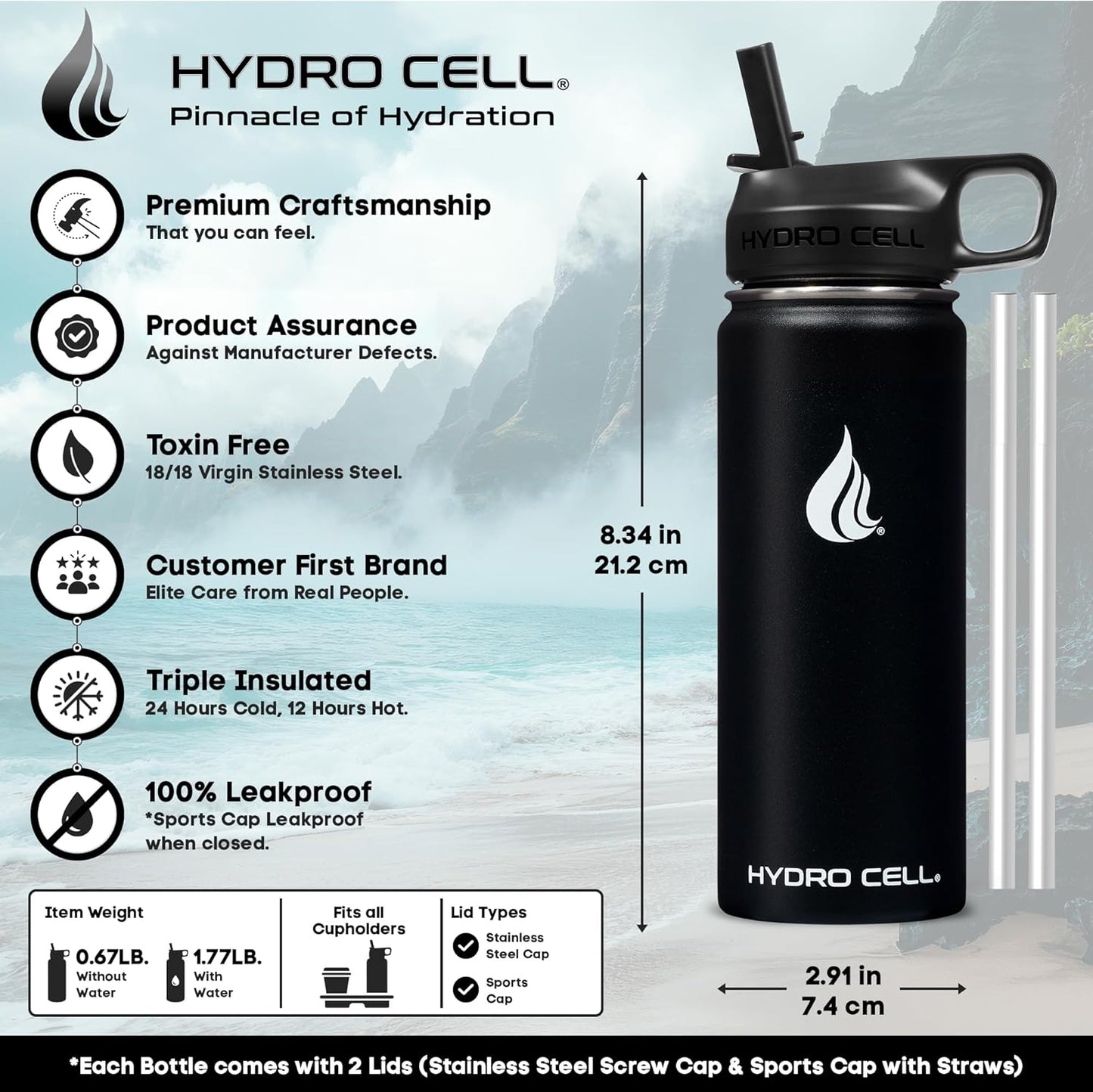 HYDRO CELL Stainless Steel Insulated Water Bottle with Straw - For Cold & Hot Drinks - Metal Vacuum Flask with Screw Cap and Modern Leakproof Sport Thermos for Adults (Black 18oz)