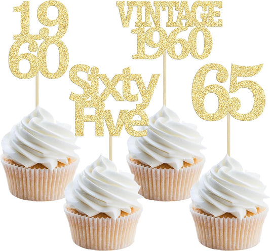 Gyufise 24Pcs 65th Birthday Cupcake Toppers Glitter Cheers to 65 Fabulous Sixty Five Vintage 1960 Cupcake Picks 65th Birthday Wedding Anniversary Party Cake Decorations Supplies Gold