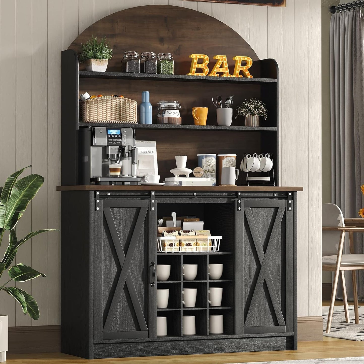 63" Farmhouse Coffee Bar Cabinet with Storage, Black Coffee Bar with Sliding Doors & Wine Racks, Hutch Cabinet with Storage, Adjustable Shelves, Wine Bar for Kitchen Living Dining Room, Black