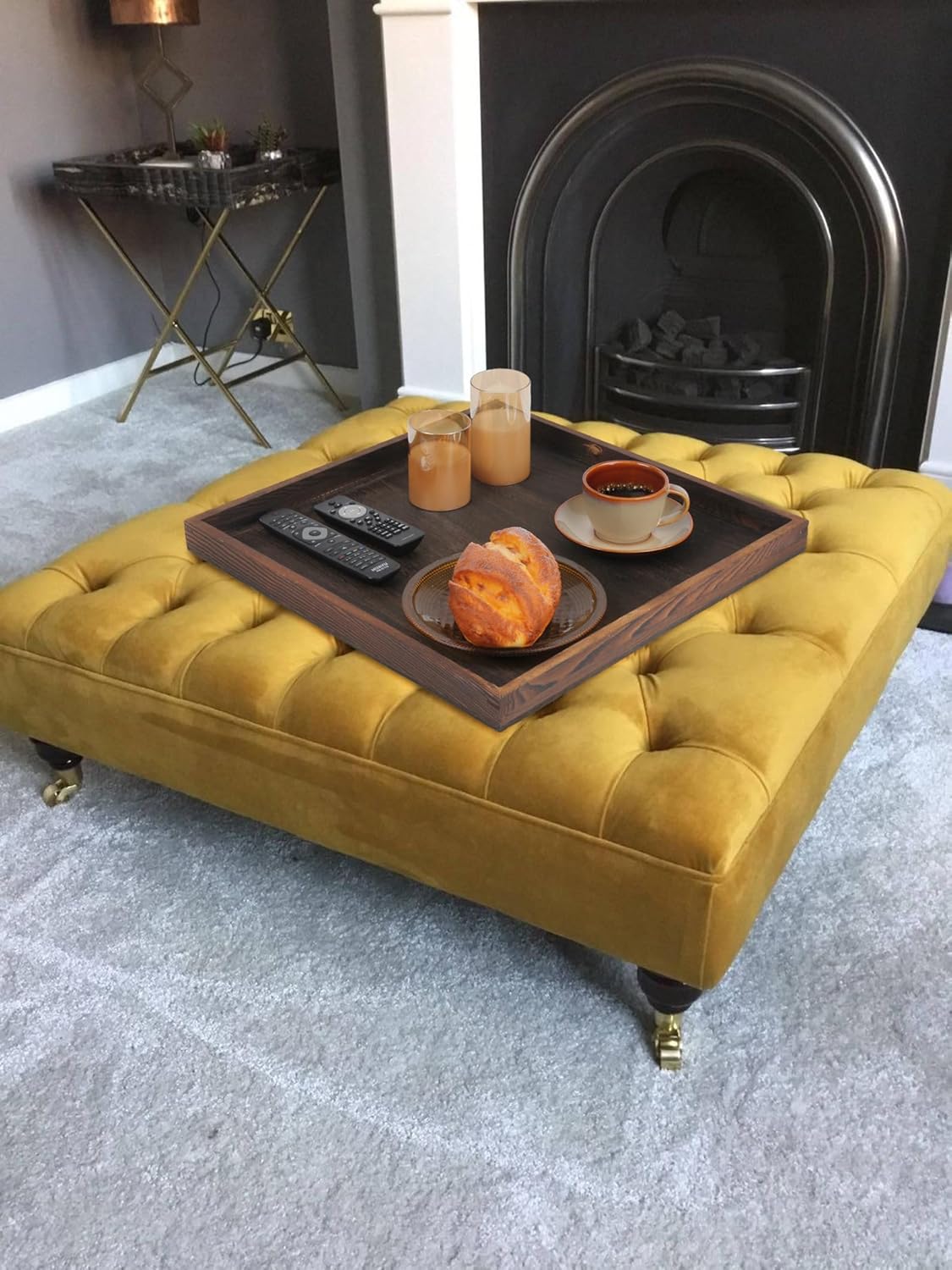 Extra Large Square Ottoman Table Tray 20" - Rustic Wooden Serving Tray for Farmhouse Decorative Oversized Coffee Table Trays Living Room Kitchen Counter Breakfast Brown