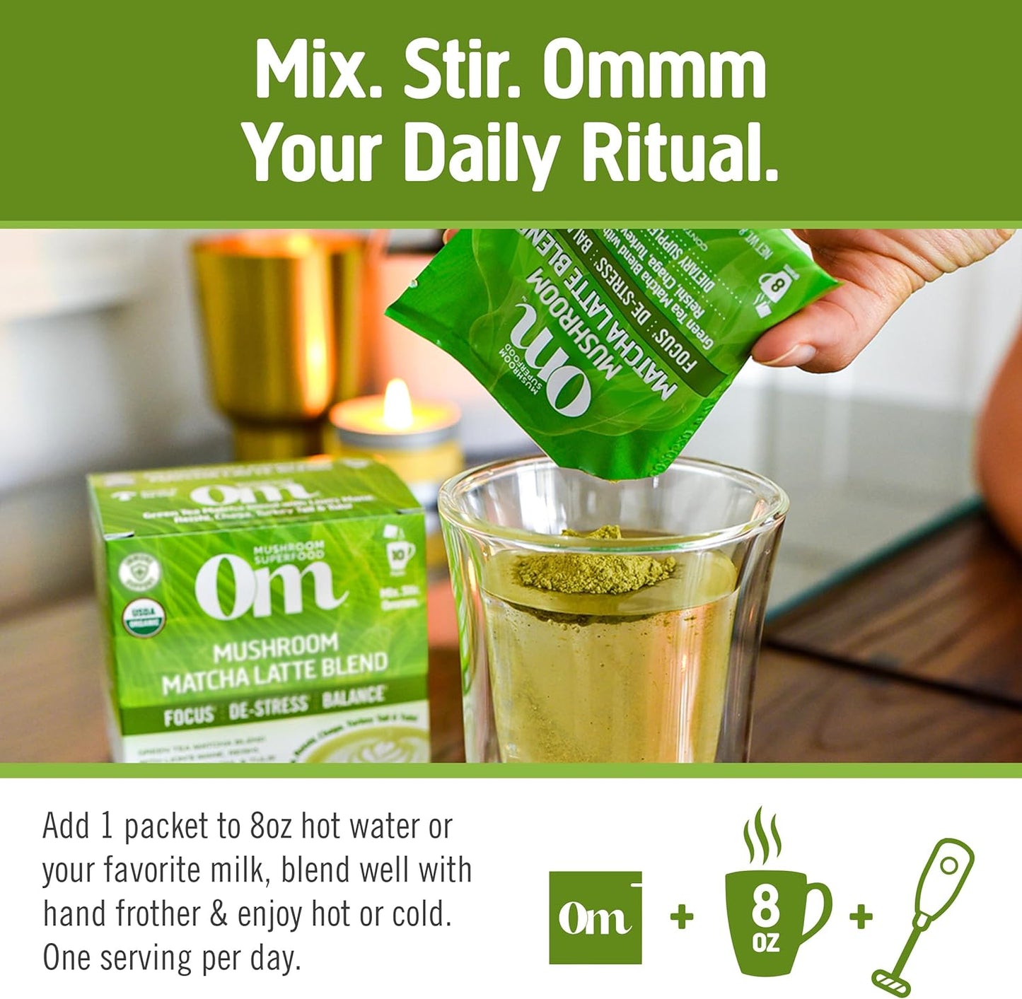 OM MUSHROOM SUPERFOOD Matcha Latte Blend Mushroom Powder, Single Serve, 10 Count, Green Tea, Lion's Mane, Reishi, Chaga, Turkey Tail, Focus & Stress Support Supplement