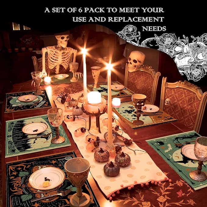 Umigy 6 Pcs Halloween Placemats 12"x18" Gothic Bat Placemats Kitchen Decoration Washable Witch Place Mats Rectangle Skull Table Mats for Halloween Dining Table Accessories(Scary)
