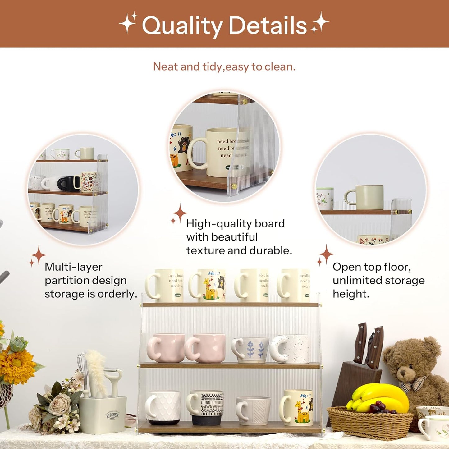 Coffee Mug Holder Wooden Cup Station Organizer 3 Tier Cup Holder for Coffee Bar Mug Display Rack for Countertop Mug Holder Shelf for Home Kitchen Trapezium-Nutbrown