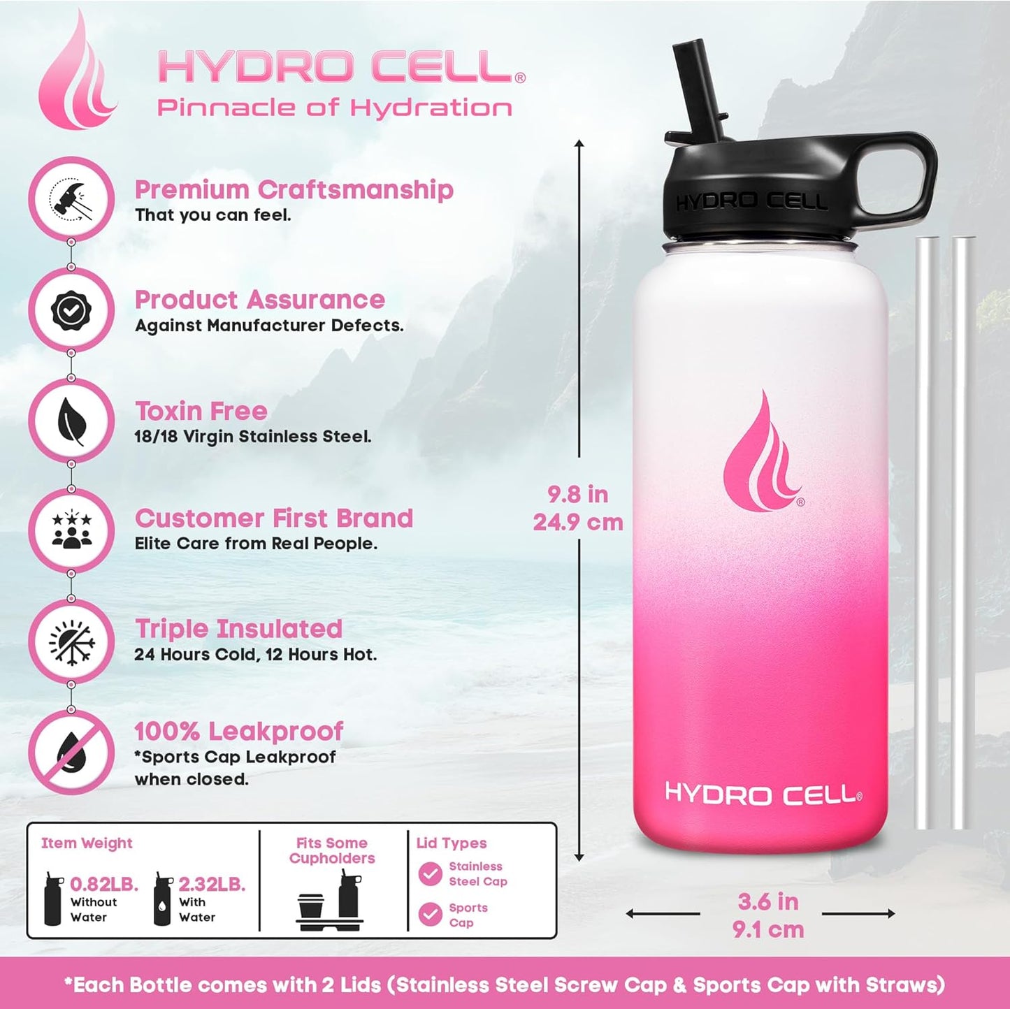 HYDRO CELL Stainless Steel Insulated Water Bottle with Straw - For Cold & Hot Drinks - Metal Vacuum Flask with Screw Cap and Modern Leakproof Sport Thermos for Adults (White/Pink 32oz)