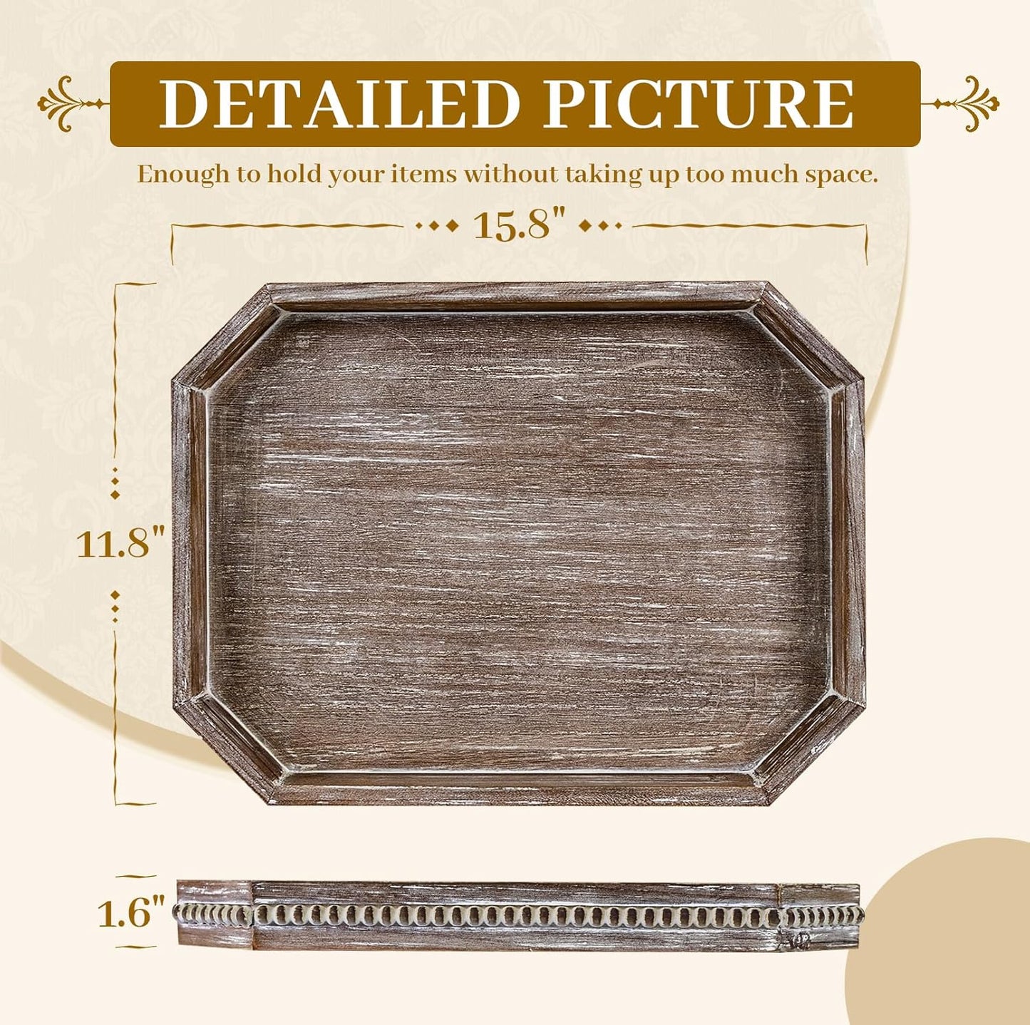 MAONAME Wood Serving Tray, Farmhouse Wooden Tray for Coffee Table, Octagonal Beaded Trays, Vintage Brown Decorative Trays for Living Room, Kitchen, 15.7" X 10.2" X 1.6"