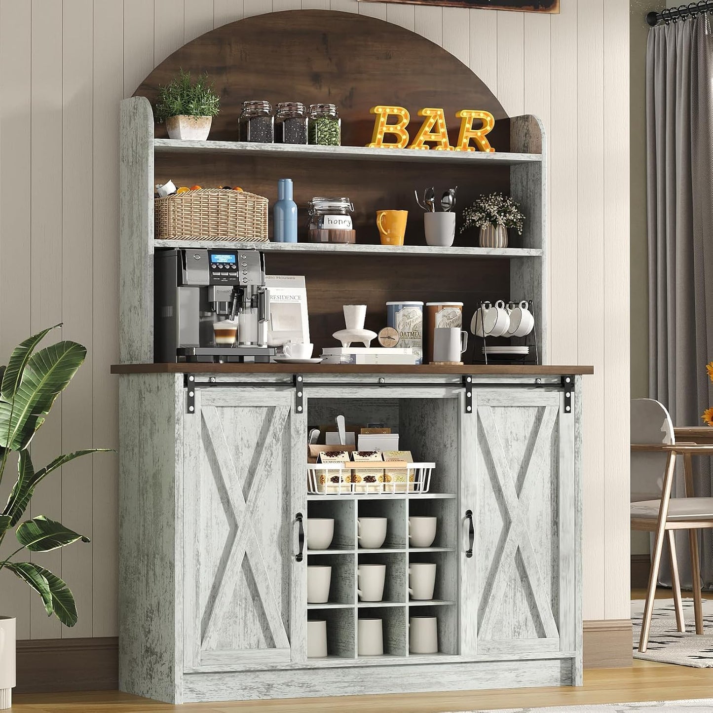 4 EVER WINNER Coffee Bar with 3-Tier Storage, 67" Coffee Bar Cabinet with Sliding Barn Doors & Wine Rack, Kitchen Hutch Cabinet for Living Room, Dining Room, Grey