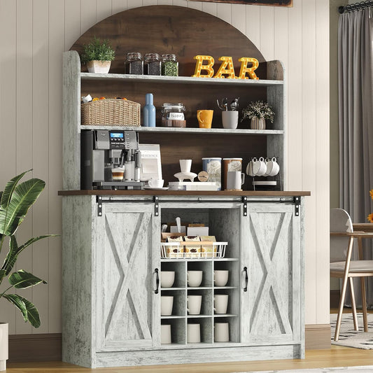 4 EVER WINNER Coffee Bar with 3-Tier Storage, 67" Coffee Bar Cabinet with Sliding Barn Doors & Wine Rack, Kitchen Hutch Cabinet for Living Room, Dining Room, Grey