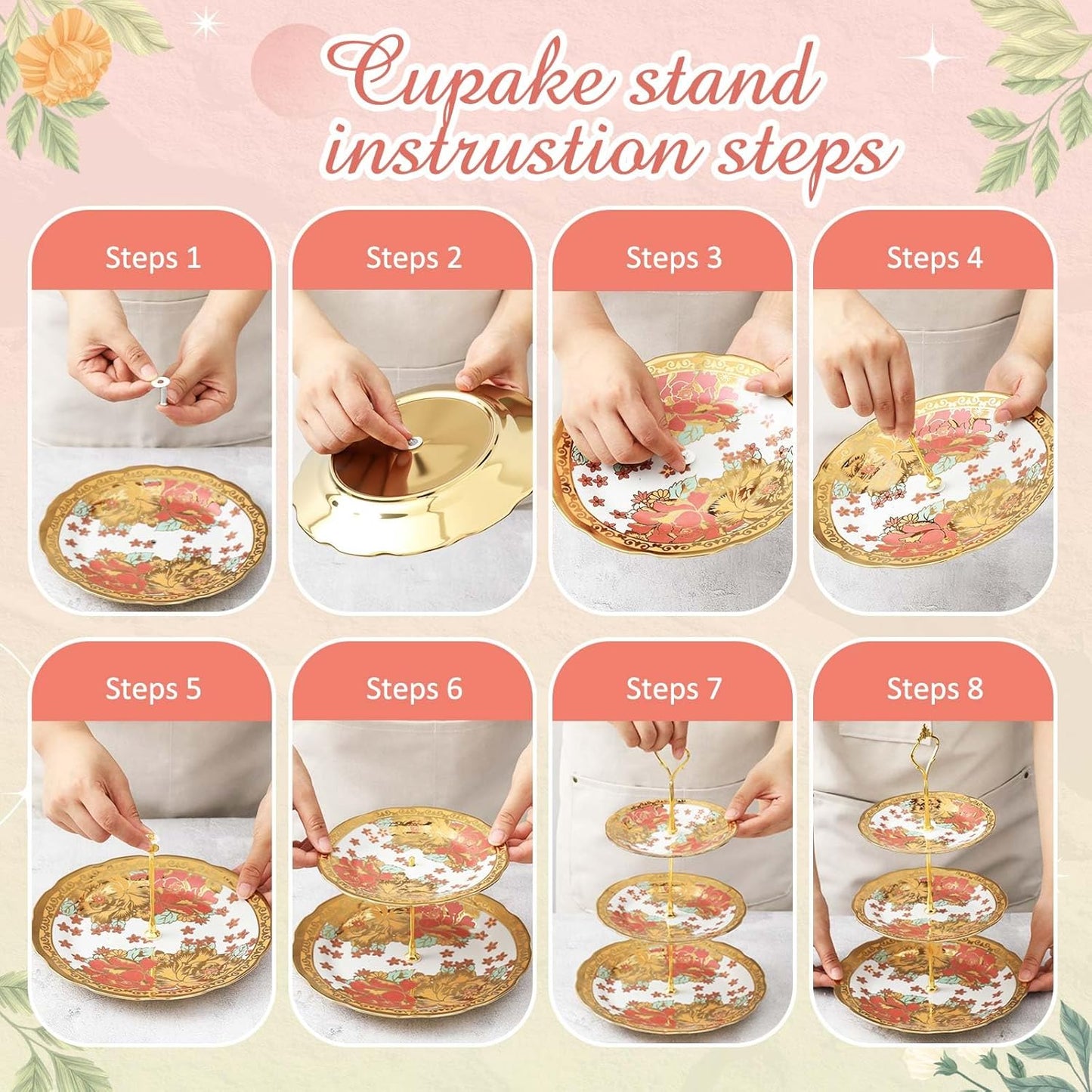 Maxcheck 21 Pcs Tea Party Set for Adults European Floral Tea Set with Metal Holder and 3 Tier Ceramic Cake Stand Porcelain Flower Cup Teapot for Dessert Cupcake(Stylish Style)