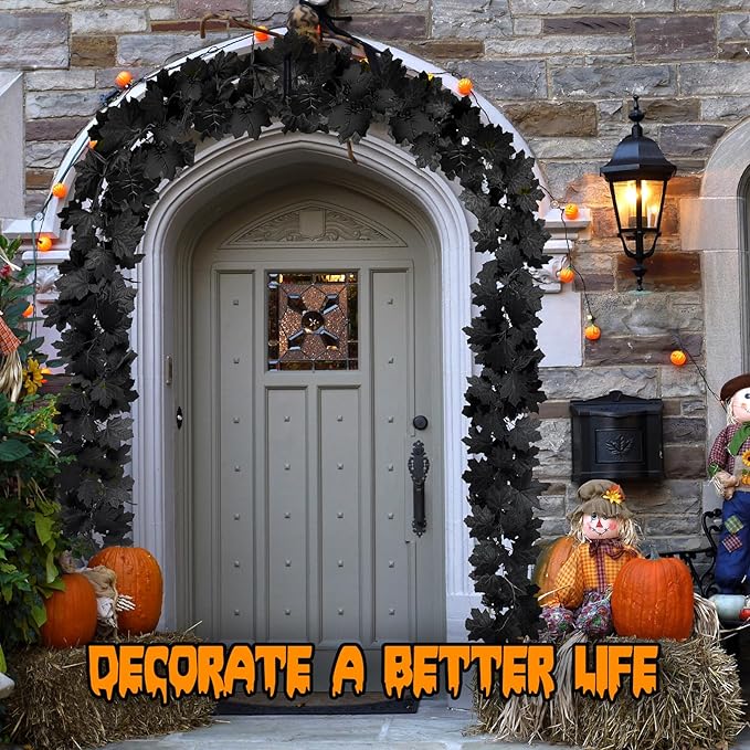 Joyhalo 8 Pack 5.7FT Black Maple Leaf Garland,Halloween Artificial Hanging Black Vines,Halloween Outdoor Garland for Mantle,Door Frame,Fireplace and Thanksgiving Decor