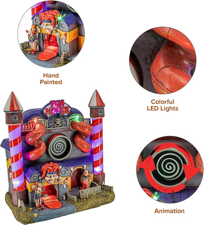 Carnival Funhouse Clown Theme Spooky Halloween Village Multi-Color LED Lights, Motion and Music 9.25" x 5.75" x 9.5"