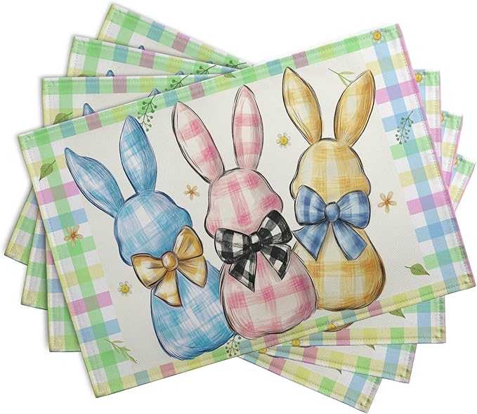 Easter Bunny Placemats Set of 4 Green Blue Pink Yellow Buffalo Plaid Rabbits Floral Bow Place Mats 12x18 Inch Happy Easter Table Mats for Spring Party Kitchen Dining Holiday Decor