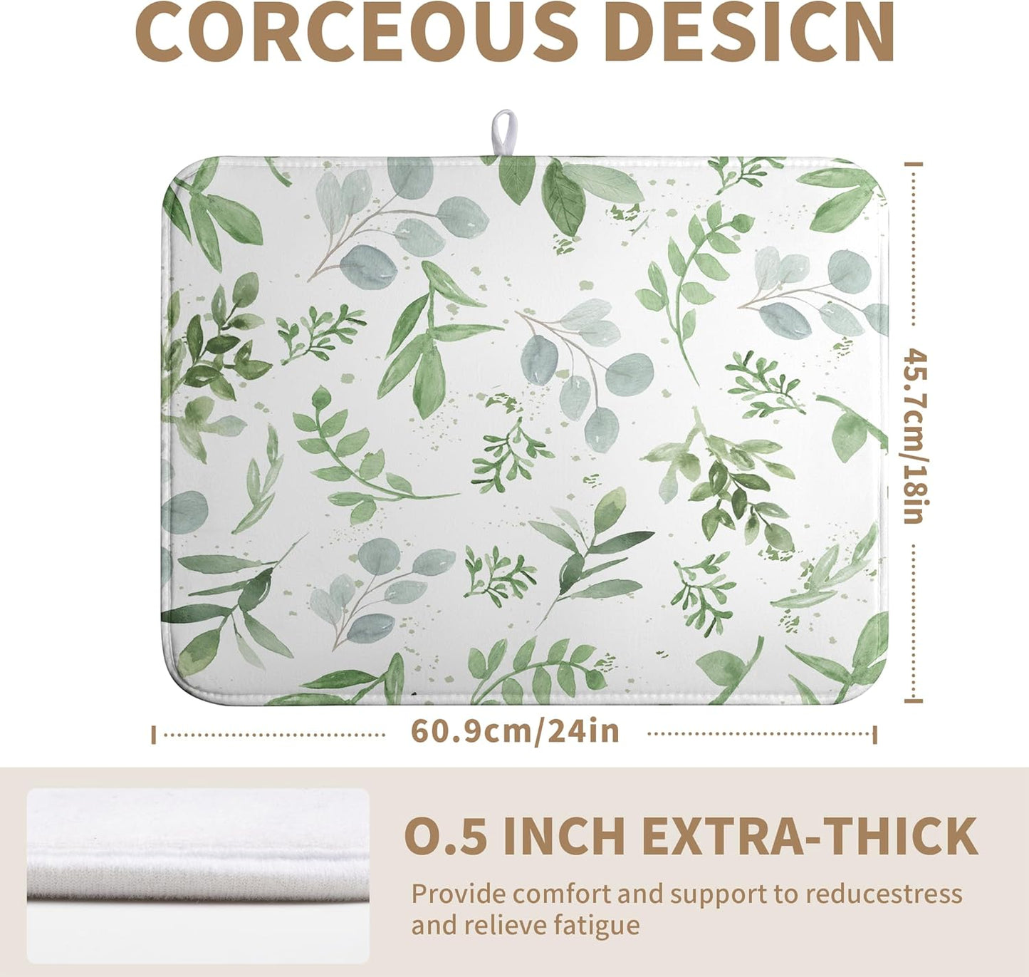 Summer Sage Green Leaves Dish Drying Mat Spring Eucalyptus Leaf Kitchen Dish Drying Pad Absorbent Dish Dryer Mat for Kitchen Countertops Microfiber Dishes Drainer Pad Dish Drying Rack Mat (18x24 in)