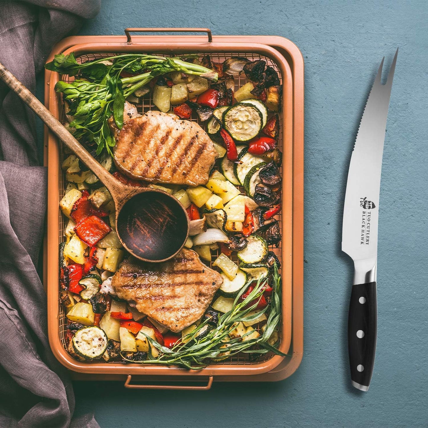 TUO Carving Knives & Forks - Barbecue knives 8'' - Meat Cutting Fork-Shaped Tip Utility bbq Knives - German X50CrMoV15 Steel Knife - Full Tang Pakkawood Handle with Gift Box - BLACK HAWK Series