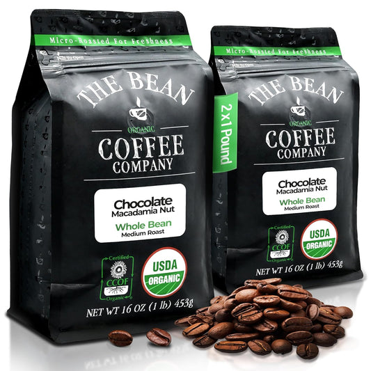 The Bean Organic Coffee Company Chocolate Macadamia Nut, Medium Roast, Whole Bean Coffee, 16-Ounce Bags (Pack of 2)