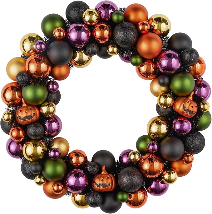 JORNOY 20inch Large Halloween Ball Wreath with Ghost & Pumpkin Accents - Seasonal Orange/Black Wall Hanging, Front Door, Mantel, Porch Decor for Home