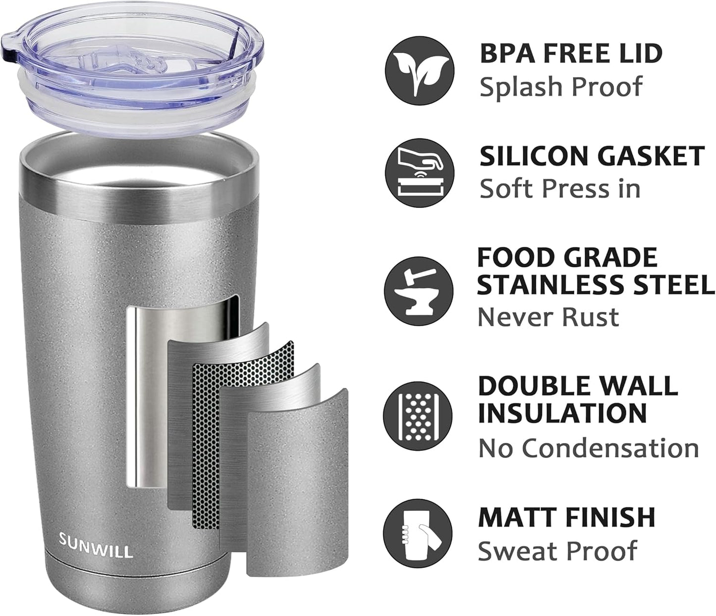 SUNWILL Travel Coffee Tumbler 20 oz, Insulated Mug with Lid, Stainless Steel Cup for Hot and Cold Drinks, Cool Grey