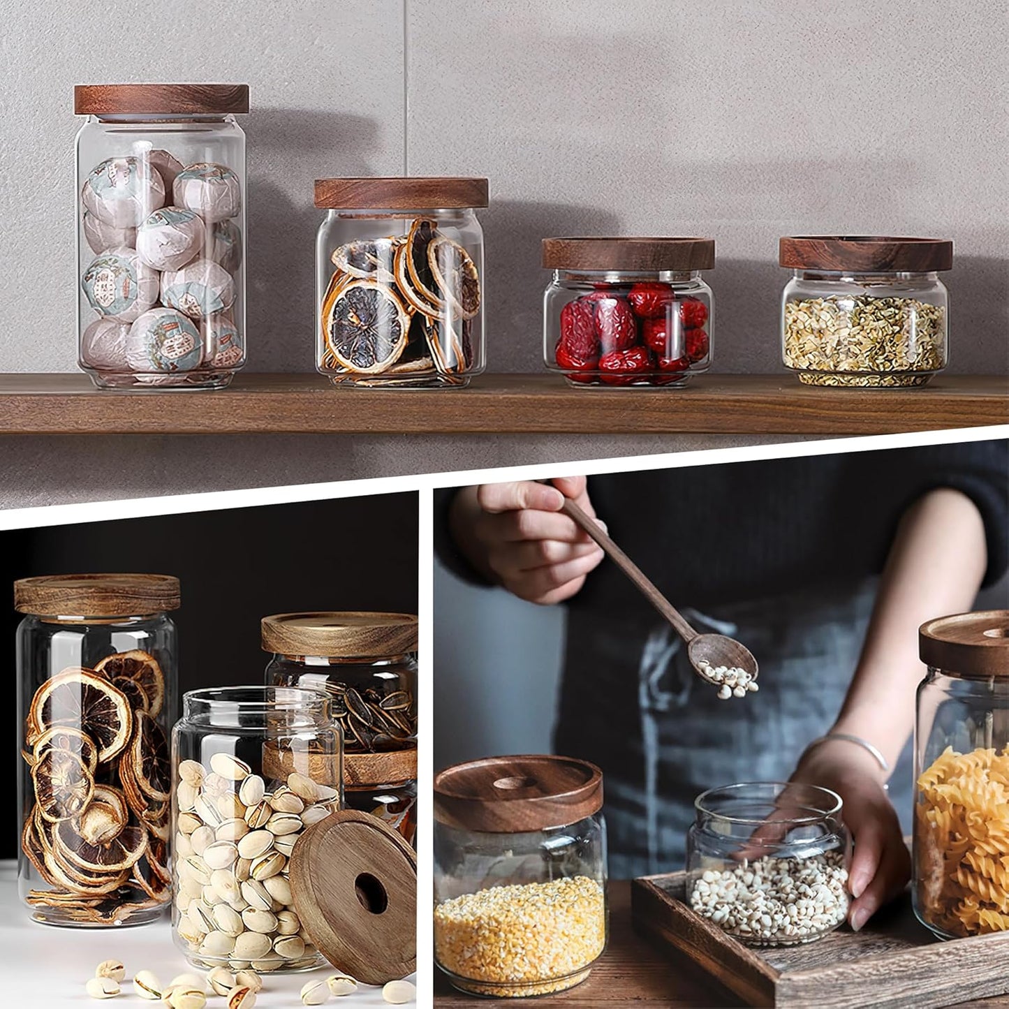 300ML/10Oz Clear Cute Glass Storage Canister Holder with Stackable Airtight Wood Lid, Modern Decorative Small Container Jar for Coffee, Spice, Candy, Salt, Cookie, Condiment, Pepper, Sugar