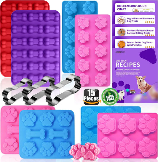 Homemade Silicone Dog Treat Molds - Dog Treat Cookie Cutters - Dog Treat Recipes Card, Food Grade Silicone Molds for Candy and Dog Ice Cubs - Set of 15
