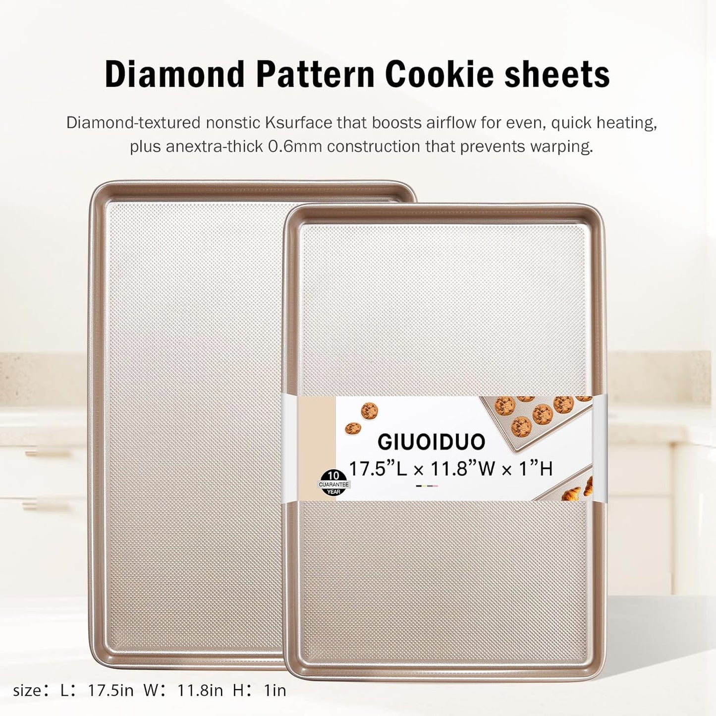 Baking Sheet Pan Set of 2, Cookie Sheets for Oven, Nonstick Half/Quarter/Jelly Roll Pans with Diamond Texture Pattern, 0.8mm Thick Heavy Duty Cookie Tray, Champagne Gold（17.5 * 11.8 * 1inch）