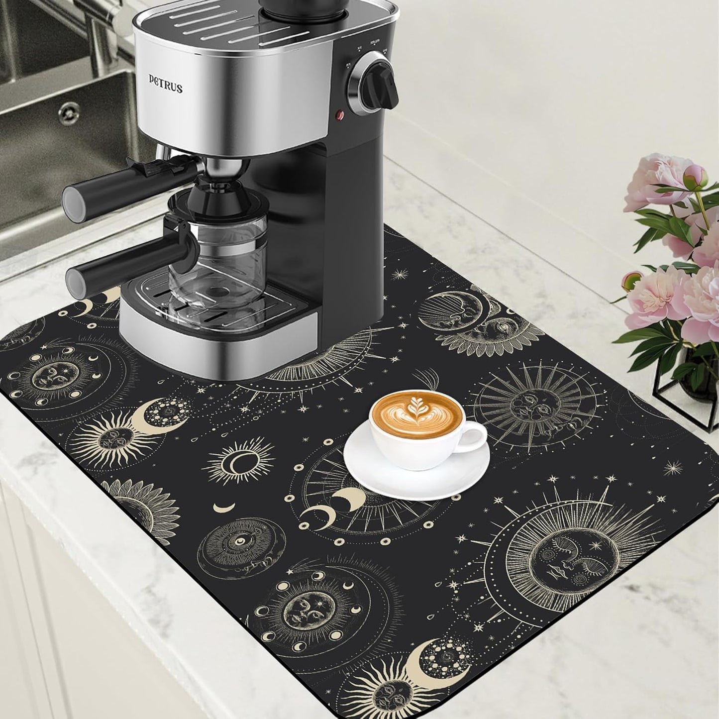 Moon Sun Zodiac Coffee Mat Astrology Dish Drying Mat for Kitchen Counter Absorbent Hide Stain Rubber Backed Coffee Bar Accessories Fit Under Espresso Machine, 15.7 x 23.6 Inch