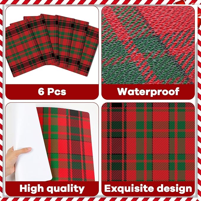 Christmas Placemats Set of 6 Red and Green Plaid Plastic Table Mats Recyclable Place Mats Washable Farmhouse Holiday Table Decoration for Indoor Outdoor Christmas Party Kitchen Dining