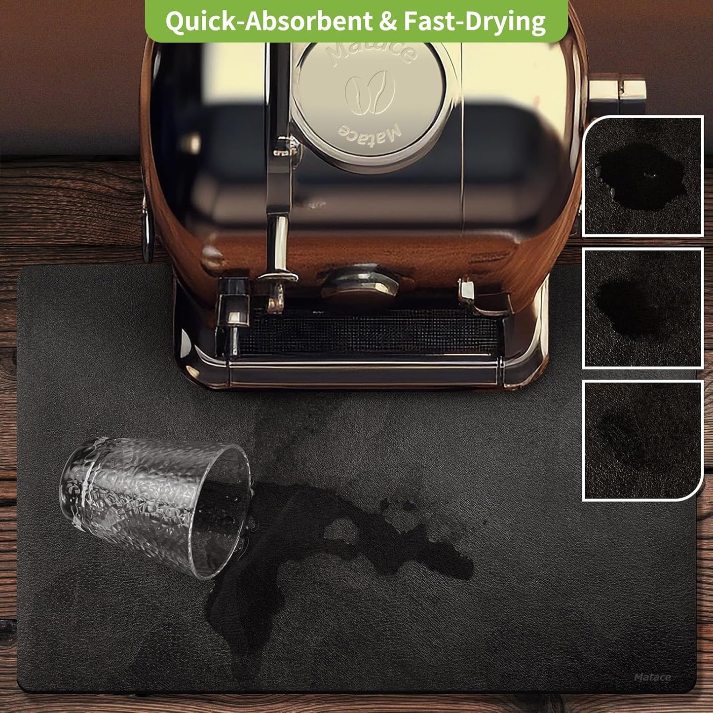 Matace Designer Coffee Bar Mat, Extra Large 17 x 31.5 Inches, Rubber Backing, Absorbent Coffee Maker Mats for Dish Drying, Kitchen Countertop, Heat Resistant, Solid Black