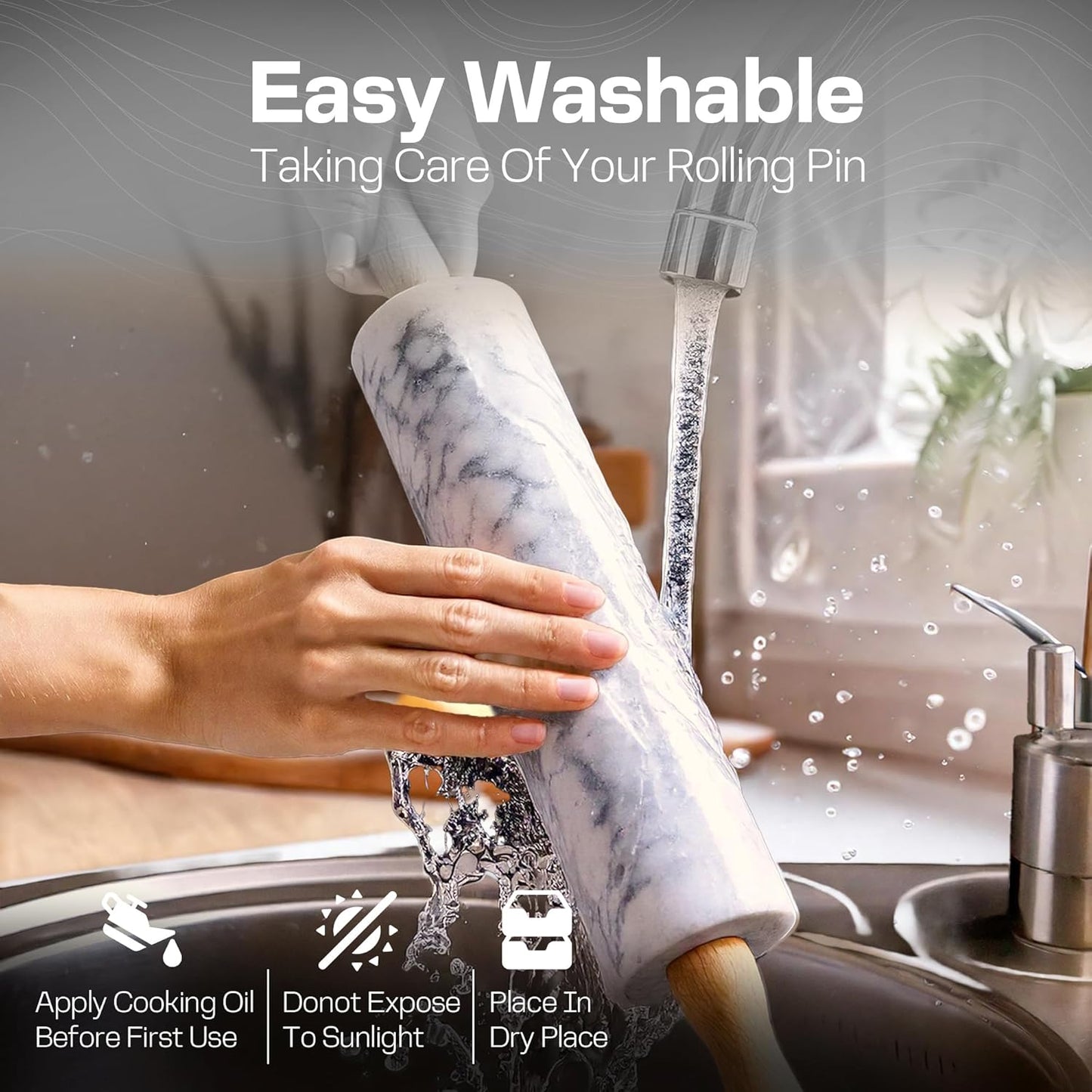 17 Inch Marble Rolling Pin with Wooden Handles & Wood Cradle, Dough Roller for Baking Pizza, Pies, Pastries, Pasta, Cookies