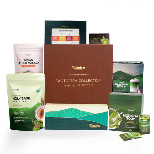 Teaniru, Exotic Collection-Christmas Gift Box | Holiday Flavored Teas, Moringa Soup, Strawberry Matcha Latte, Spiced Masala Chai, Assorted Loose Leaf Teas, Holy Basil Tea & Ceremonial Matcha