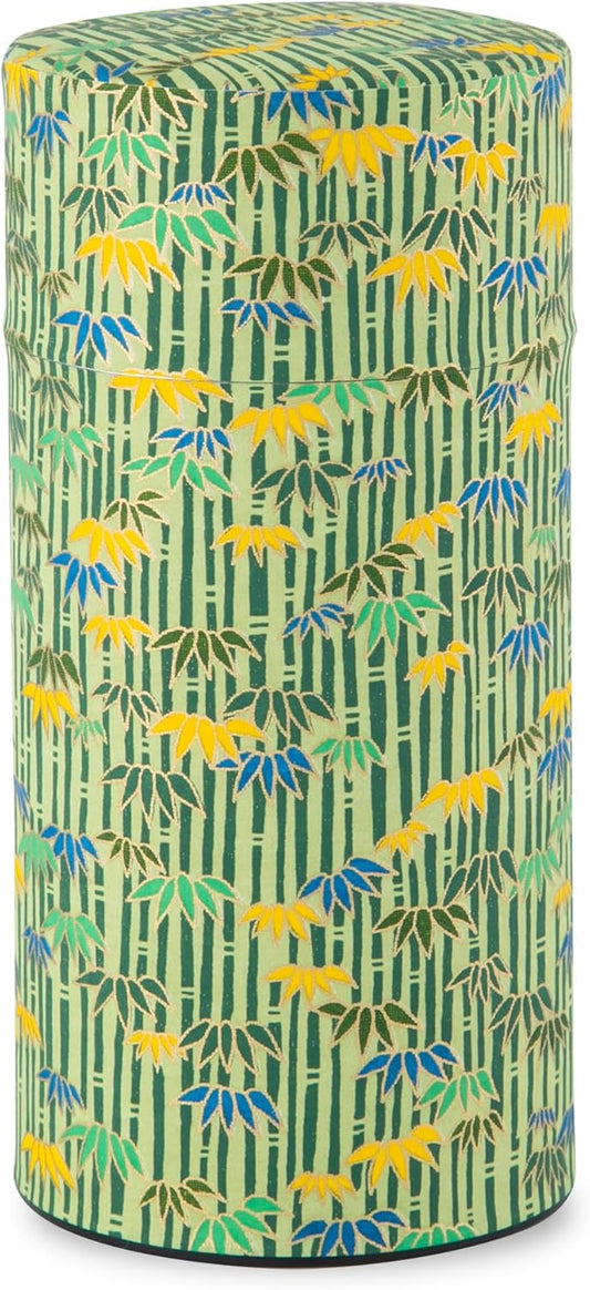 NOREN Japanese Tea Canister Tin (Yuzen Washi Paper - Bamboo/Green), 7.06oz Size/Made in JAPAN with Includes Inner Lid of Airtight Damp-Proof/Kitchen Jar for Loose Leaf Coffee Tea Spice and More