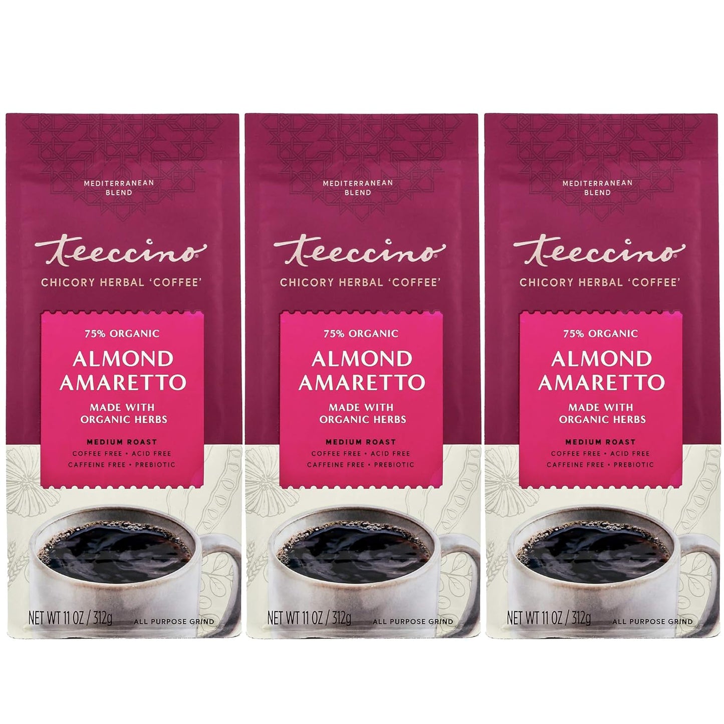 Teeccino Almond Amaretto Chicory Coffee Alternative - Ground Herbal Coffee That’s Prebiotic, Caffeine Free & Acid Free, Medium Roast, 11 Ounce (Pack of 3)