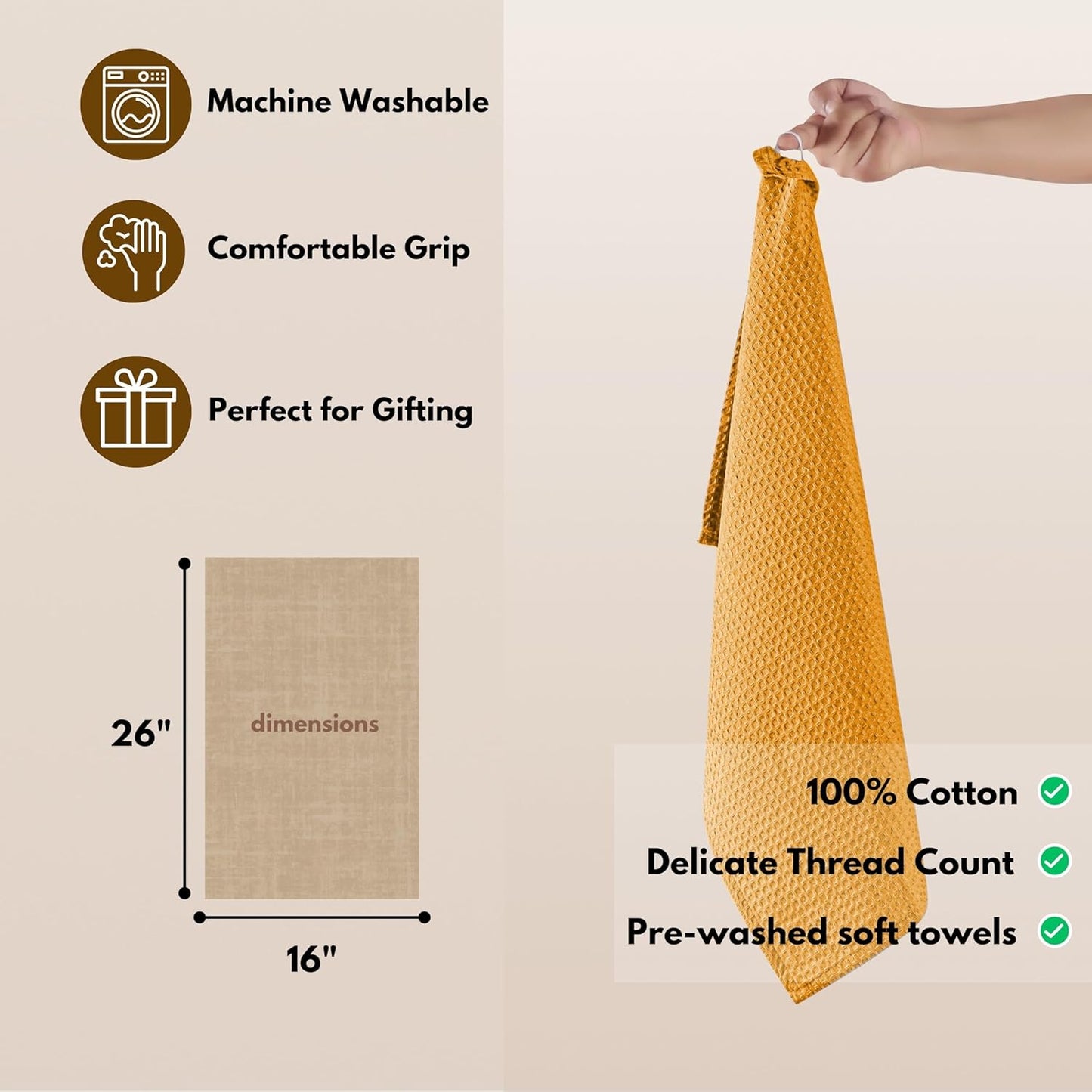 Native Fab Cotton Kitchen Towel with Hanging Loop 16x26 inches, 12-Pack, Waffle Weave Kitchen Towels for Cleaning Drying, Washcloths Soft & Absorbent Cloth Rags, Bar Towel, Dish Cloth, Mustard Yellow