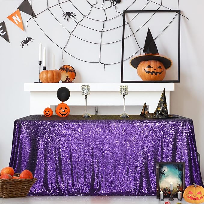 SquarePie Sequin Tablecloth 90 x 156 Inch Purple Sparkly Table Cloth for Wedding Halloween Party