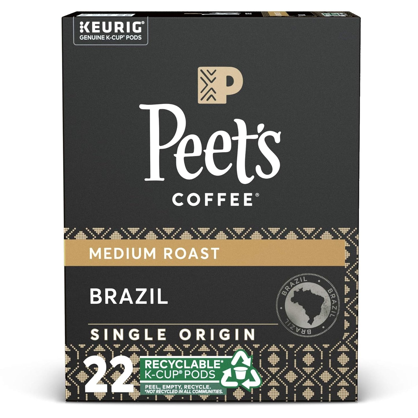 Peet's Coffee Single Origin Brazil, Medium Roast, 22 Count Single Serve K-Cup Coffee Pods for Keurig Coffee Maker
