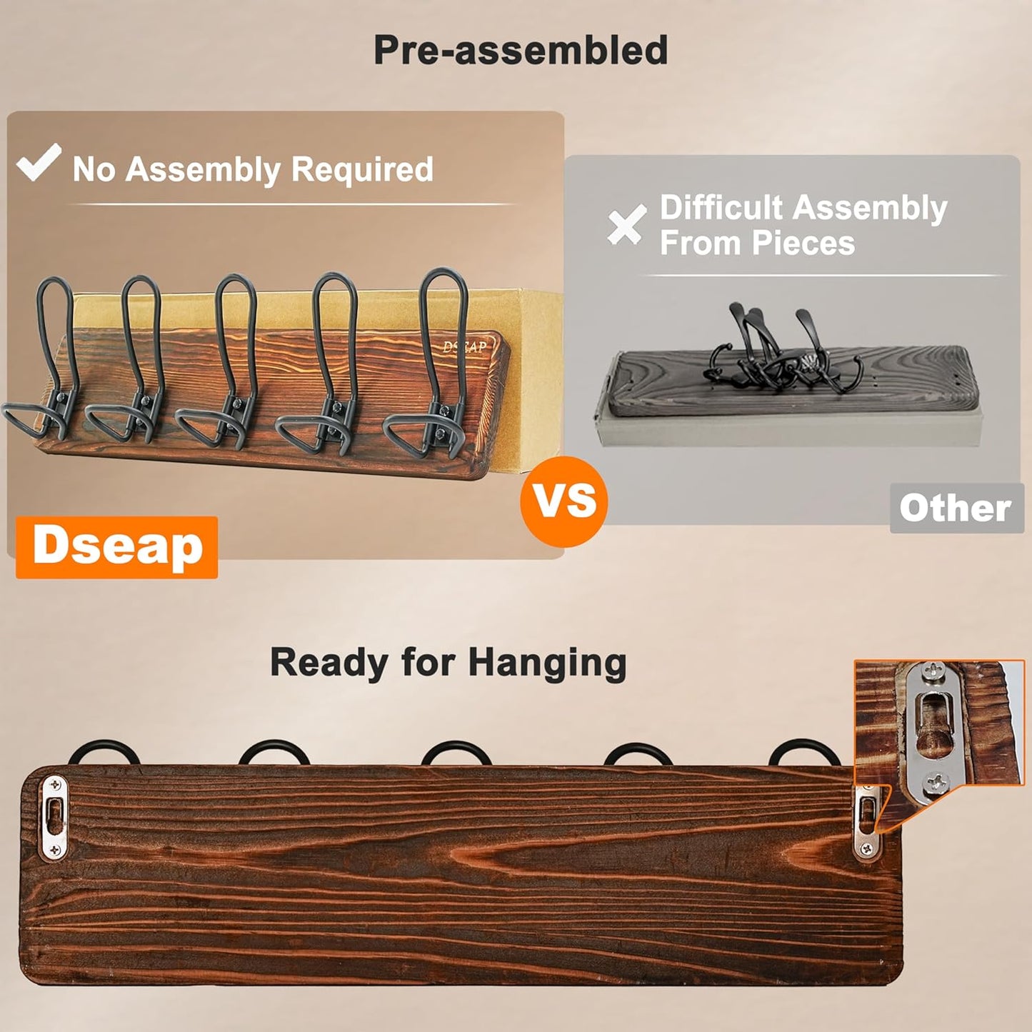 Dseap Coat Rack Wall Mounted - Heavy Duty Farmhouse Rustic Wall Coat Hanger With 5 Wire Hooks for Clothes Hat Jacket Towel, RusticWire, G25A, Black