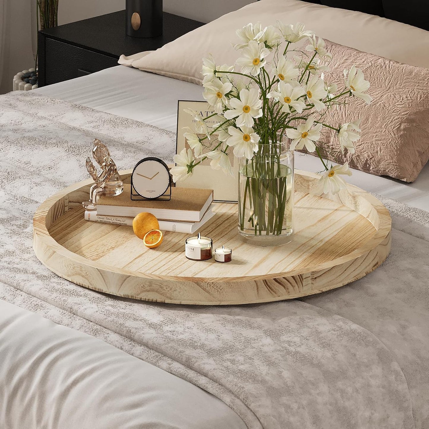 Round Ottoman Tray for Coffee Table Living Room Wood Serving Tray Large Wooden 24 Inches Rustic Torched