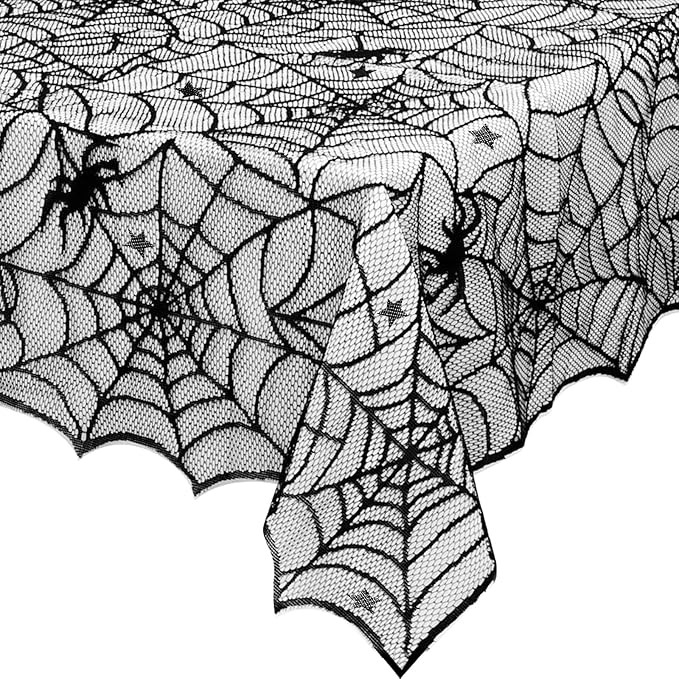 eZAKKA Halloween Table Cloth, 54" x 72" Spider Webs Tablecloths Black Tablecloth Lace Fabric Table Cloths Spooky Cover