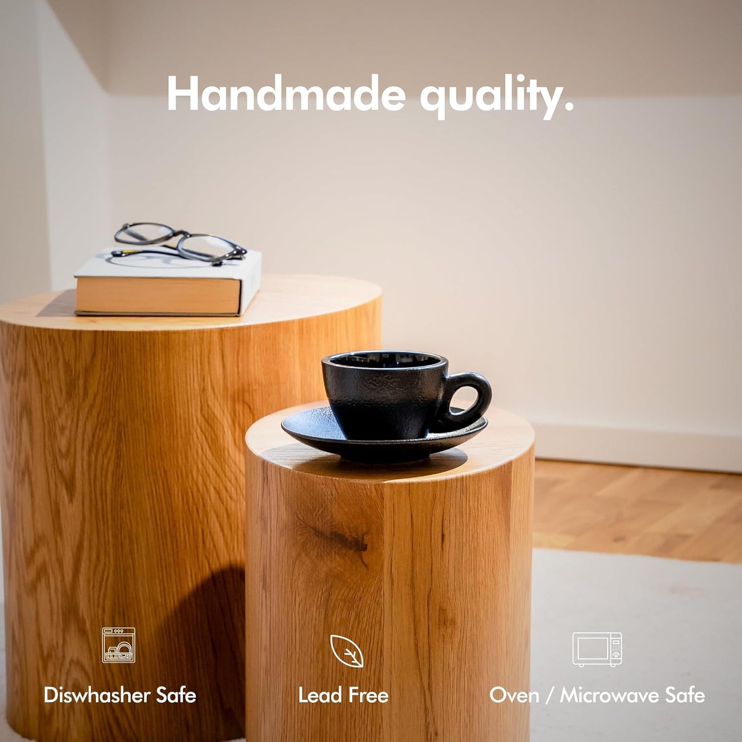 KIVY Cappuccino cups set of 4 [8oz] - Thick-walled stoneware cappuccino cup set for latte art - Latte mugs - Latte cups - Latte mug - Coffee cup black - Ceramic latte cup and saucer