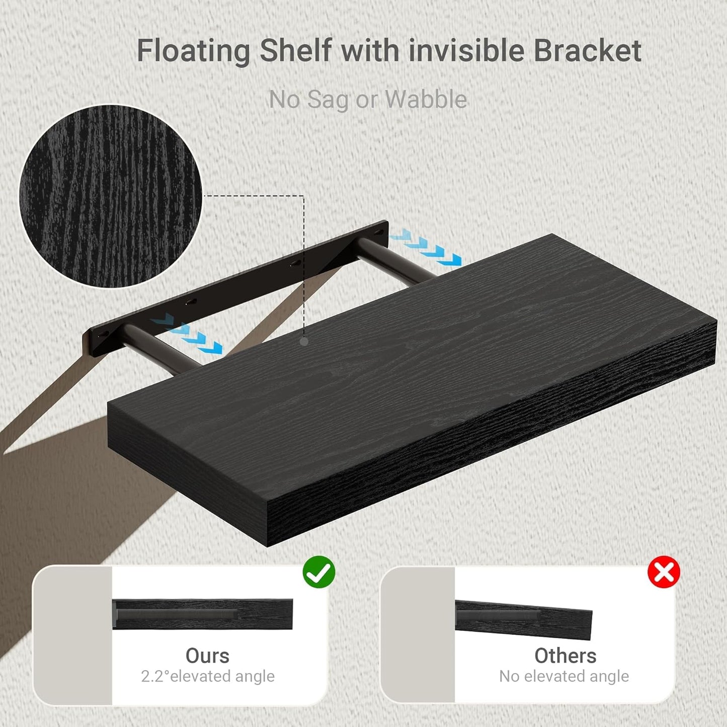 Vivelove Black Floating Shelves for Wall, 16 inchs x 6.7” deep x 1.4” Wall Shelf for Bathroom Bedroom, Living Room, Kitchen, Office Home Decor, Narrow Wood Shelves with Invisible Brackets Set of 2