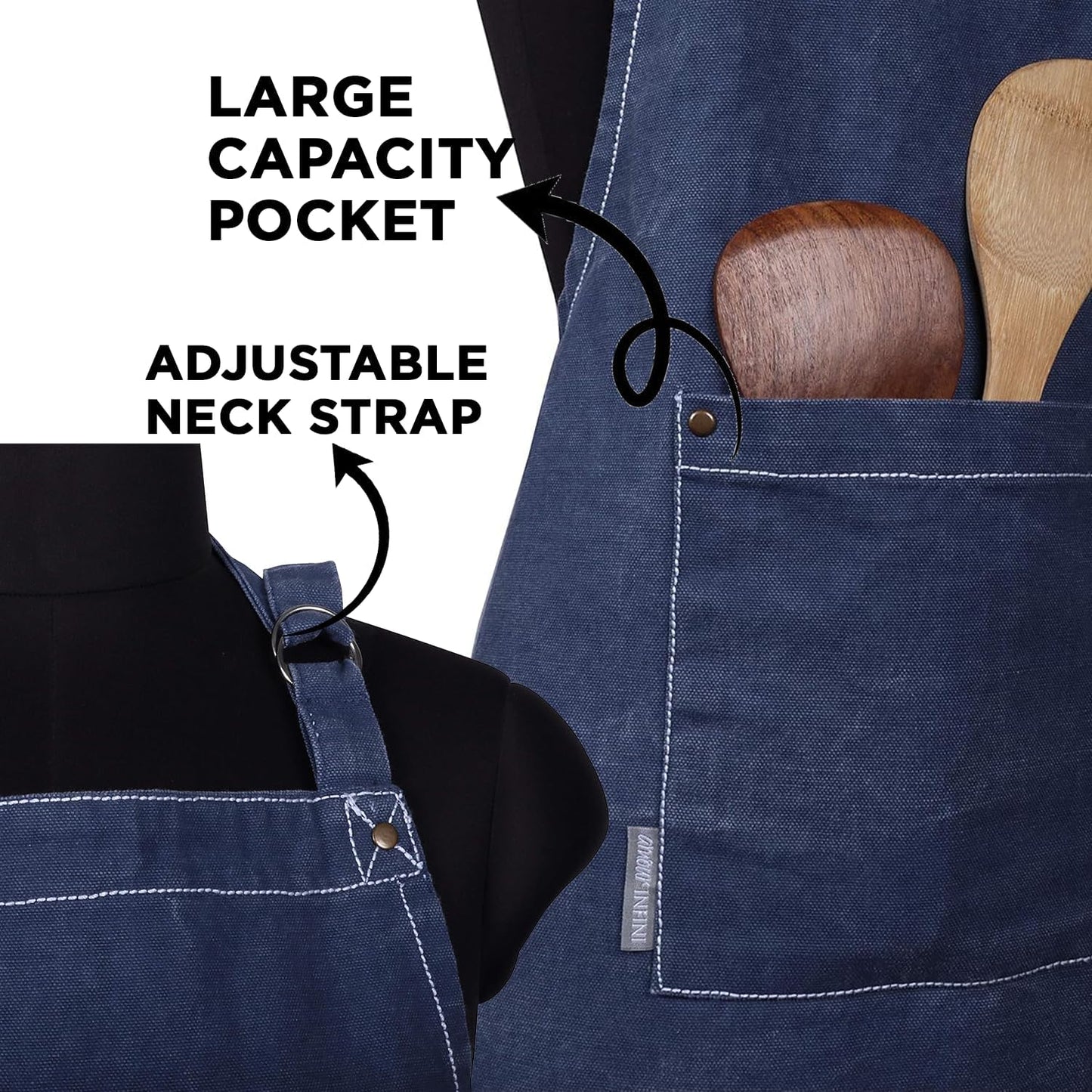 AMOUR INFINI Cotton Solid Aprons for Women with Pocket, Adjustable Strap and Waist Ties Washed Chef Aprons for Cooking, Baking and Gardening (27.5x33 Inches - Blue)