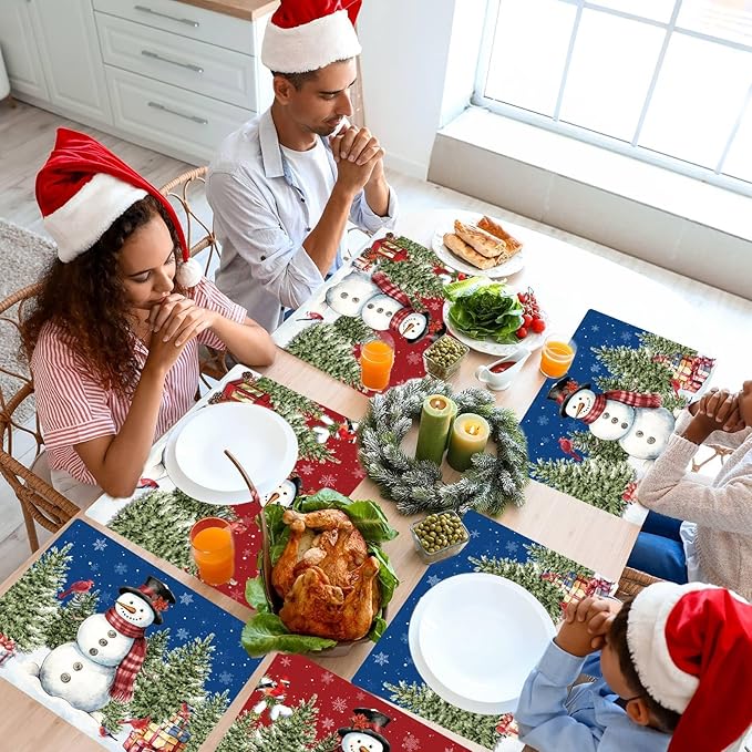 Winter Christmas Placemats Set of 6 Red Blue Snowman Plastic Table Mats Christmas Tree Birds Place Mats Washable Vinyl Seasonal Winter Table Decoration for Indoor Outdoor Party Kitchen Dining