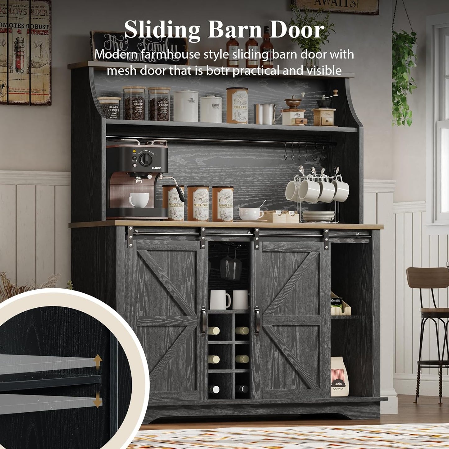 47 Inch Farmhouse Coffee Bar Cabinet with 3-Tier Storage, Kitchen Hutch with 9 Wine Racks & 3 Glass Holders, Coffee Bar with 6 Hooks, Wine Bar Cabinet for Dining Living Room, Black