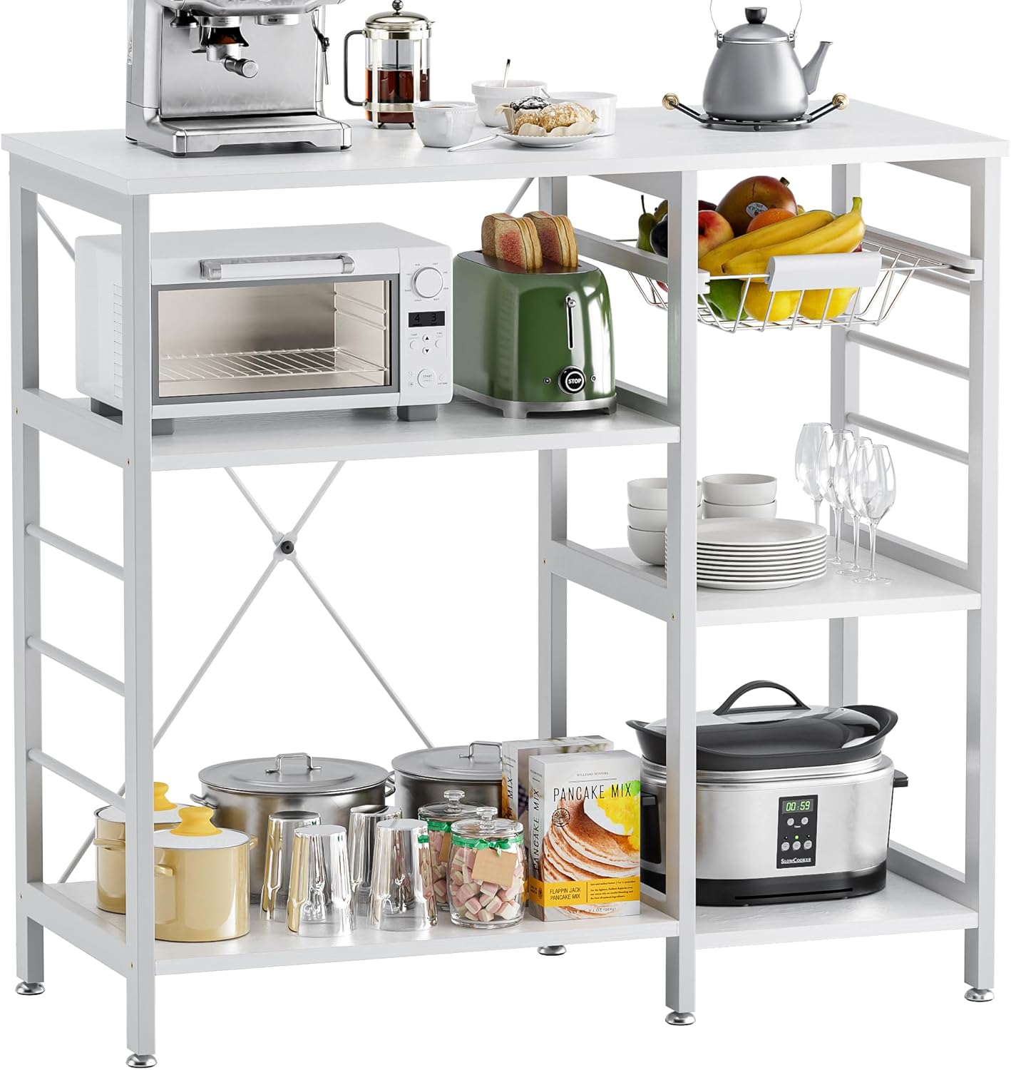 Baker’s Rack, Microwave Oven Stand with Bamboo Frame, 35.43" Coffee Bar with Wire Basket & 6 Hooks, 3-Tier Kitchen Storage Shelf Stand for Kitchen, Living Room, Office, White