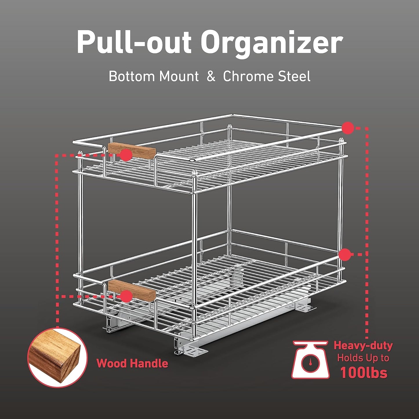 Pull Out Cabinet Organizer(14" W x 21" D), 2 Tier Slide Out Shelves with Wood Handle, Sliding Drawer Pull Storage Shelf for 15-1/4” Cabinet Opening, Chrome