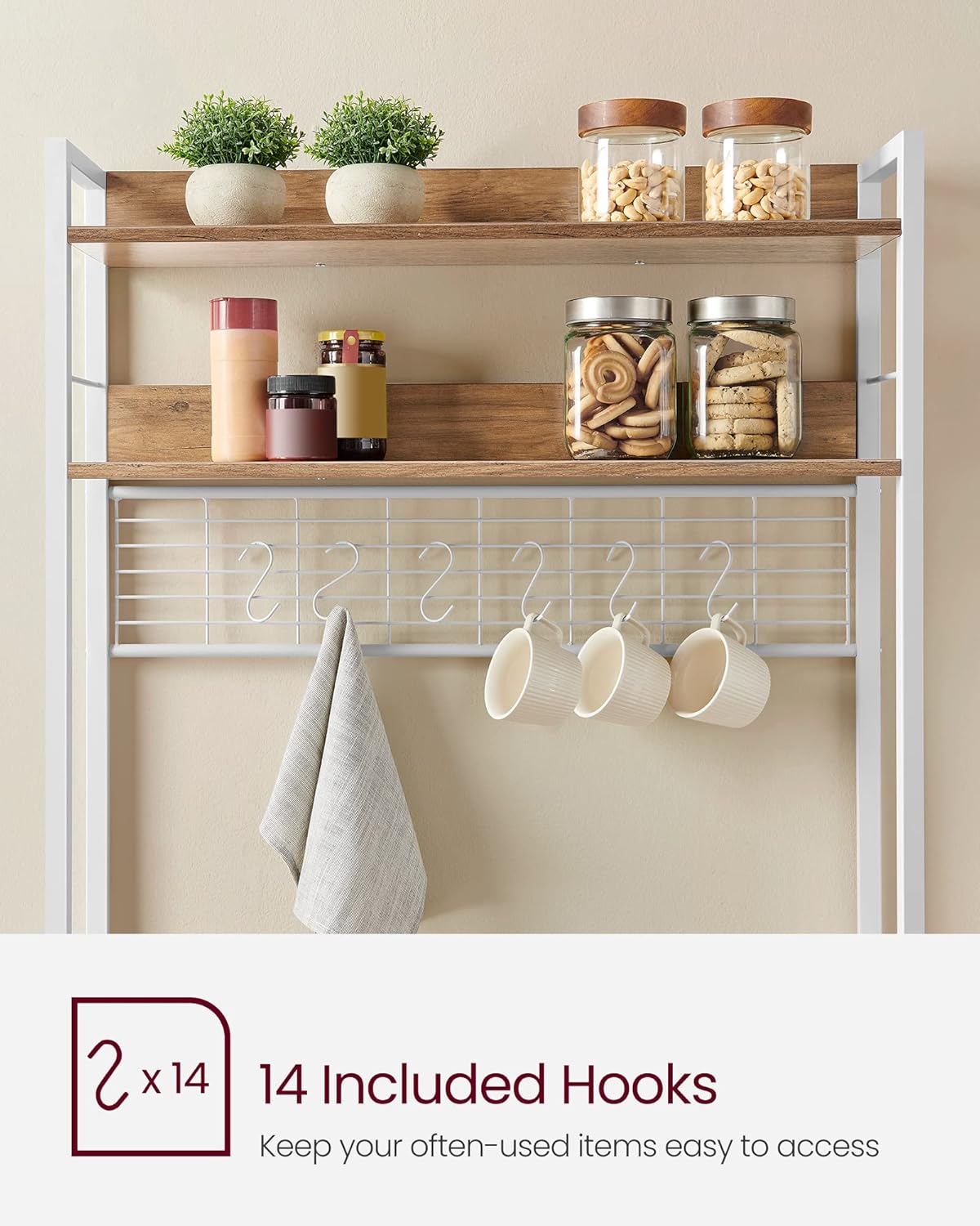 VASAGLE Hutch Bakers Rack with Power Outlet, 14 Hooks Microwave Stand, Adjustable Coffee Bar with Metal Wire Panel, Kitchen Storage Shelf, 15.7 x 31.5 x 66.9 Inches, Rustic Walnut and White UKKS025W41