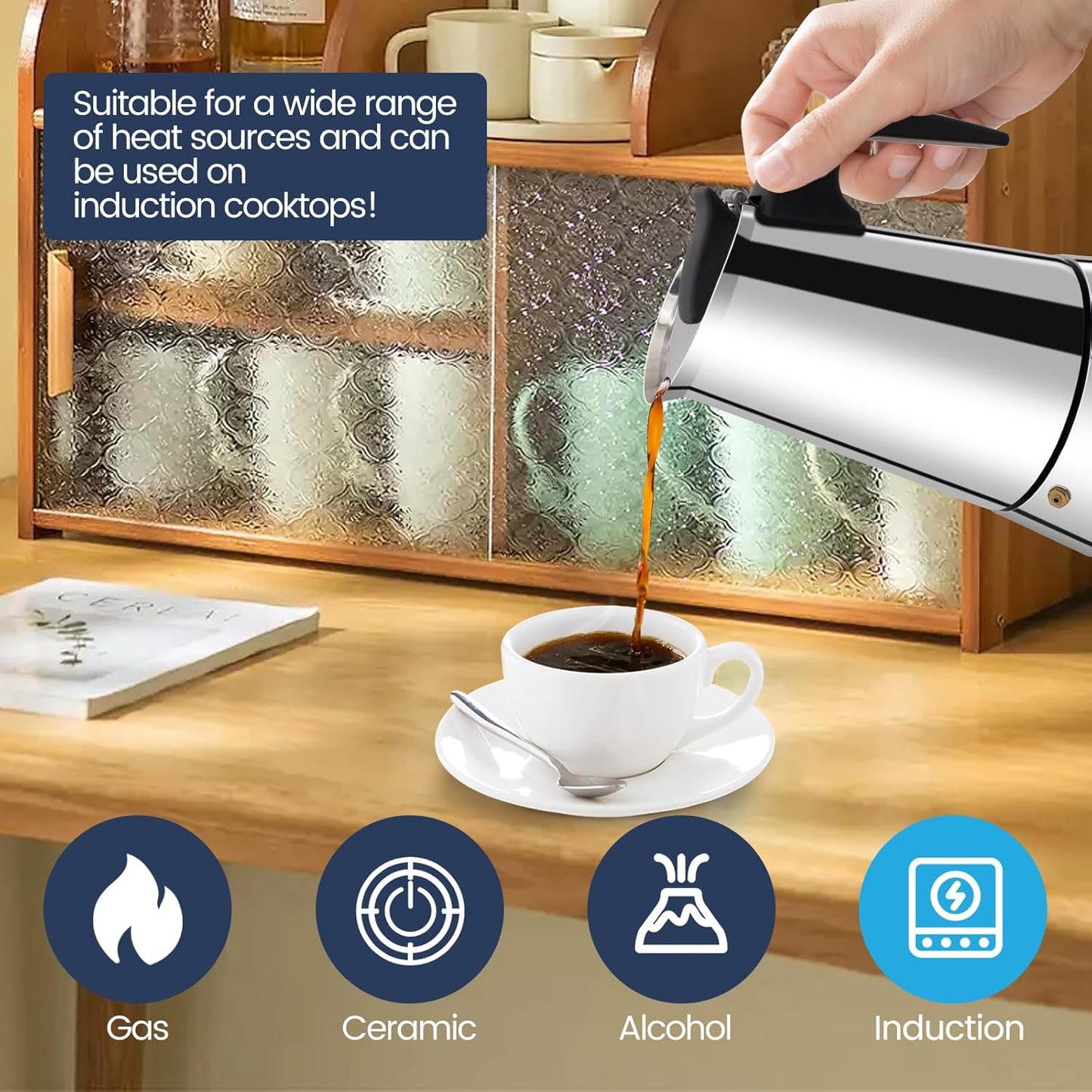 6 Cup Moka Pot Stainless Steel 300ml Italian Espresso Coffee Maker Stovetop CoffeeMakers Mocha Pot Percolator for Induction Stove Classic Cafe Makers Portable for Easy Brewing Tummy